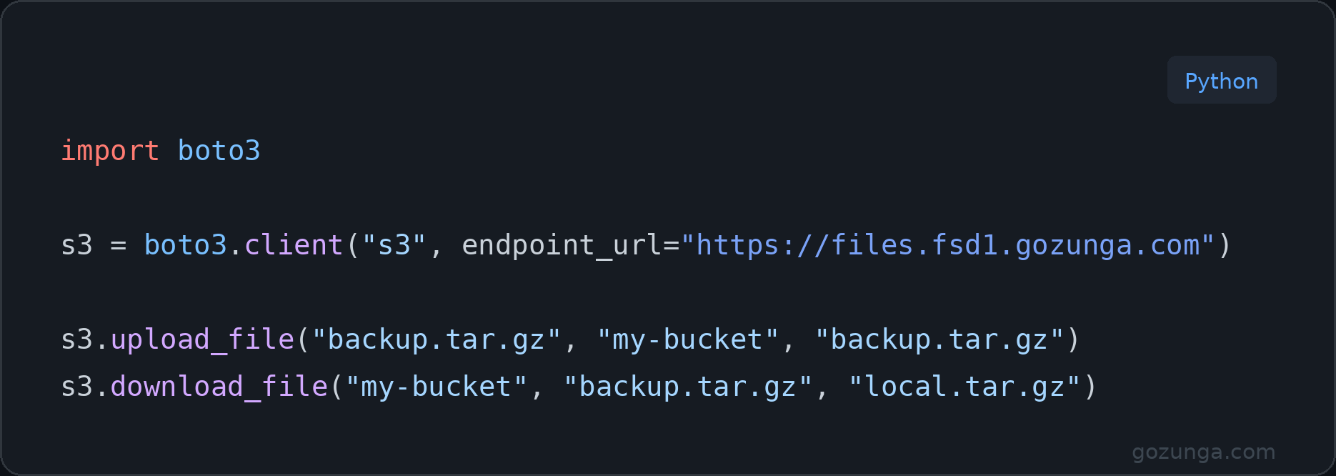 Python boto3 example connecting to Gozunga S3-compatible object storage